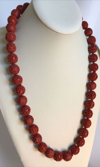 Fine Antique Chinese Carved Red Cinnabar Lacquer Bead & Silver Clasp Necklace