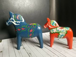 2 Akta Dalahemslojd Carved Wooden Painted Horse 5 " Blue 4 " Orange Sweden Sticker