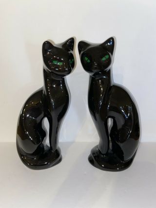 Vintage Mid Century Modern Black Ceramic Cat Figurines Green Eyes Sleek 11”