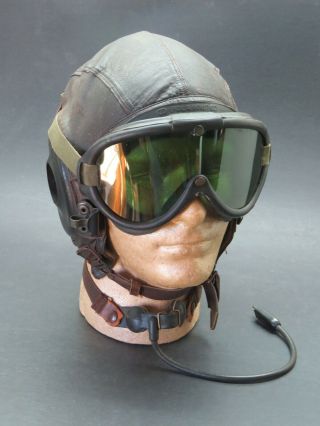 1944 Aaf Medium A - 11 Leather Flight Helmet / M - 1944 Goggles / T - 30 Throat Mike