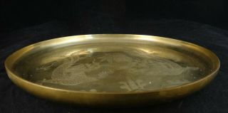 Antique Chinese Solid Brass Tray w/engraved flying 5 claw dragons.  7 ¾” dia. 2