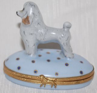Fantastic Limoges France Trinket Box With Poodle Figure Blue Gold Grey & Brown