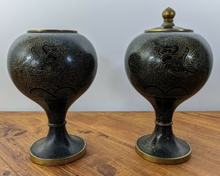 Antique Chinese Black Cloisonne Pair Urns Vases Dragons Chasing Pearls Enamel