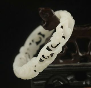 Old Natural Hetian White Jade Hand - Carved Bracelet Hollowed Out Flower Bangle