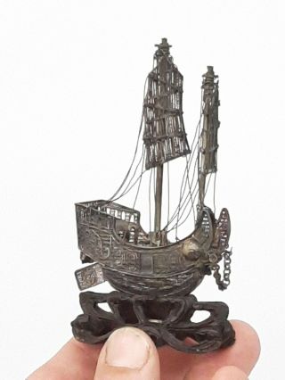 Antique Chinese Export Silver Filigree Boat Ship Ebony Carved Base 4 " X 2 1/2 "