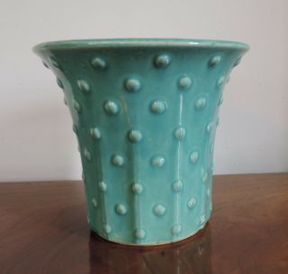 Vintage 1930 1940 Art Deco Pottery Vase Sea Foam Green Polka Dot Urn Flower Pot