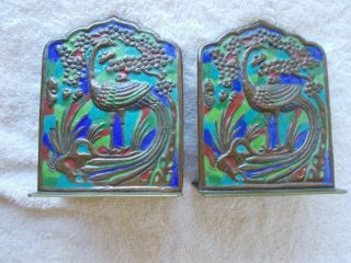 Pair Antique Chinese Export Brass And Enamel Peacock Bird Bookends