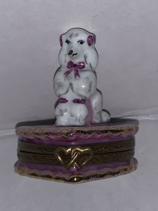 Limoges Rochard France Poodle Dog Figurine Sitting On Pink Heart