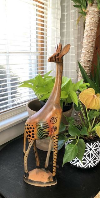 18” Hand Carved Wooden Giraffe Statue Made In Kenya Africa