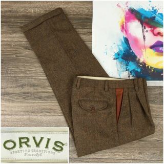 Vintage Orvis Men’s Pants Trousers Herringbone Tweed Wool Leather Trim Sze 32r