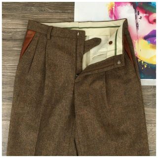 Vintage Orvis Men’s Pants Trousers Herringbone Tweed Wool Leather Trim Sze 32R 3