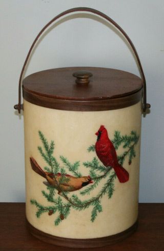 Vintage Bacova Guild Fiberglass Ice Bucket Wooden Lid W/ Leather Strap Cardinal