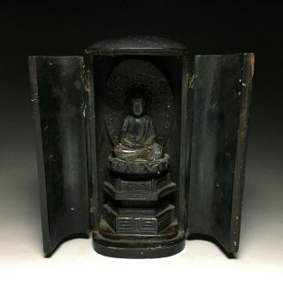 Old Japanese Japan,  Buddhism Wooden Buddha Statue Syaka & Zushi Box 17cm　黒