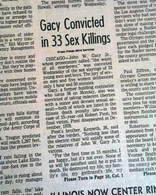 John Wayne Gacy Serial Killer & Rapist Pogo The Clown Conviction 1980 Newspaper