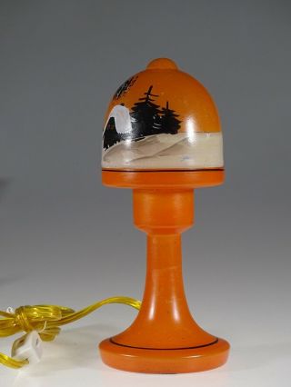 Vintage Deco Czech Glass Orange & Black Table Lamp Winter Scene C.  1930