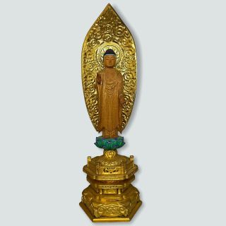 Vintage Amida Nyorai Standing Buddha Gold Gilt Wood Statue Japanese Buddhism