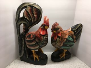 Vintage Wooden Carved Rooster (13 " Tall) And Hen (10 " Tall) Kitchen Set