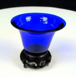 Chinese Antique Peking Glass Cobalt Blue 1 3/4 " Sake Cup With Stand