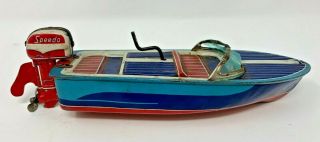 Vintage Haji Toys - 8 " Tin Wind Up Speed Boat " Speedo " - Made In Japan
