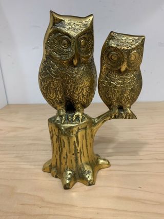 Vintage Solid Brass Two Owls Perching On Tree Stump Brass Owl Figurine Sculptor