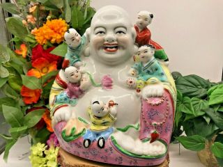 Vintage Chinese Porcelain Happy Buddha Statue With 5 Children,  Signed,  Numbered
