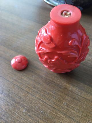 Vintage Chinese Carved Cinnabar Orange Snuff Perfume Bottle Empty 2 3/4 " Tall