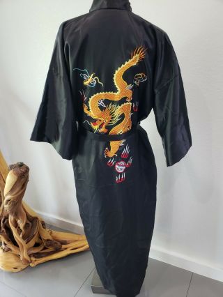 Vtg Golden Dragon 100 Silk Kimono Robe Hand Embroidered Lined Xxl Black