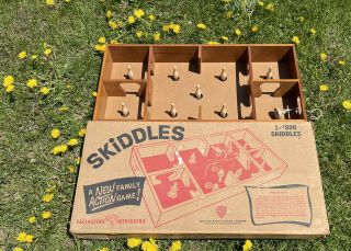 Vintage 1970’s Wooden Skittles Game With Box,  All 8 Pins & Spinner
