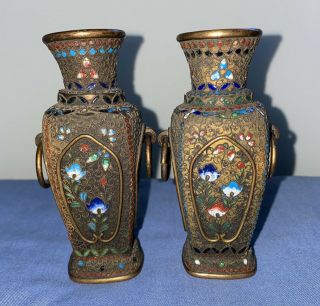 A Very Fine Pair Antique Chinese Cloisonné Enamel Vases With Intricate Detailing