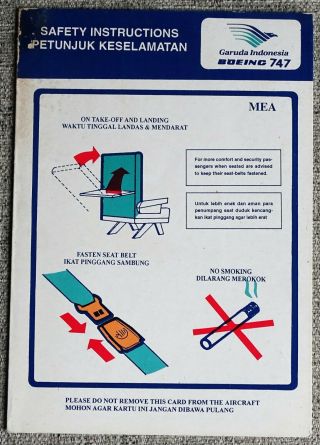 Garuda Indonesia (mea Aircraft) Boeing 747 Airline Safety Card