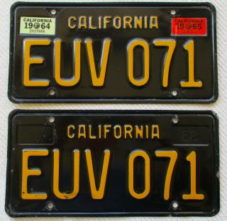 1963 California Passenger License Plates: Euv 071,  Dmv Clear