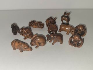12 Pc Vintage Carved Pendants - Beads - Figural - Animals - Wood?crab - Octopus - Frog - Nr