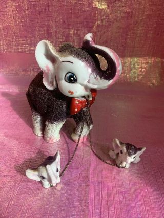 Vintage Arnart Purple Sugar Elephant Family Figurines On Chain Red Bowtie