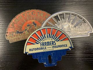 Vintage Farmers Insurance License Plate Topper Radiator Badge Set Of 3 Types