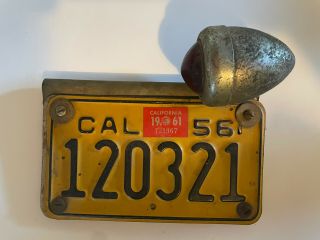 Antique Vintage California 1956 Collectible Motorcycle License Plate With Light