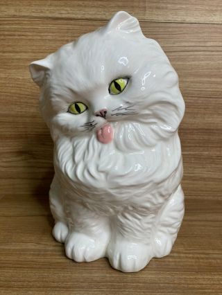 Ceramic Cat Statue 10” Vintage Large White Persian Green Eyes Pink Tongue Ears