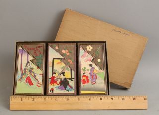 3 Antique 1900 Japanese Woodblock,  Paper Chocolate Box Cut Applique 19thc Stamps
