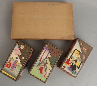 3 Antique 1900 Japanese Woodblock,  Paper Chocolate Box Cut Applique 19thC Stamps 2