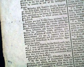 Unusual Benjamin Franklin False Death Report 2 Years Prior 1788 Old Newspaper