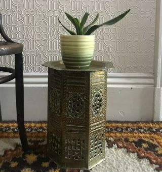 Small Octagonal Brass Plant Table Stand Vintage Boho Pieced Middle East Design