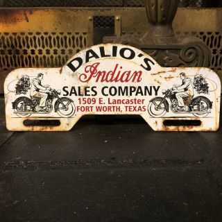 Vintage Dalio’s Indian Motorcycle Sales Company Metal License Plate Topper Sign