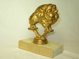Vintage Dog Show Trophy Award Misty Marble Base Solid Brass Pomeranian Spitz Akc
