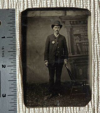 Antique Tintype Photo Sheriff Or Police Man Star Badge Bowler Hat Smoking Cigar