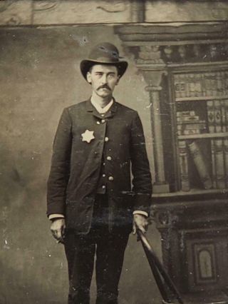 Antique Tintype Photo Sheriff or Police Man Star Badge Bowler Hat Smoking Cigar 2