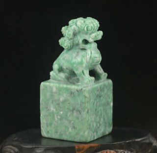 Old China natural green jade hand - carved statue of lion seal 3
