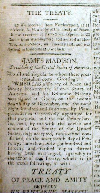 1815 Headlne Display Newspaper With The Ending Of The War Of 1812 Peace Treaty