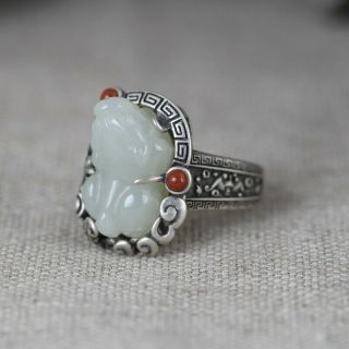 Chinese Pure Silver S925 Inlay Hetian White Jade Brave Troops Adjustable Ring