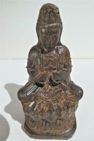 Vintage - Chinese Boxwood Wood Carving Guan Yin Kwan - Yin Goddess Buddha Figurine