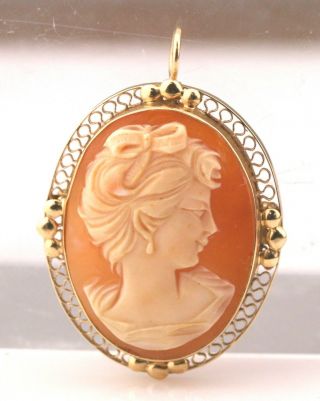 Vintage $750 14k Yellow Gold Carved Shell Cameo Brooch P1023