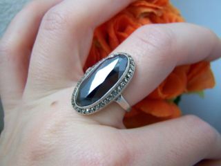 GORGEOUS VINTAGE STERLING SILVER HEMATITE & MARCASITE RING SIZE O ADJUSTABLE 2